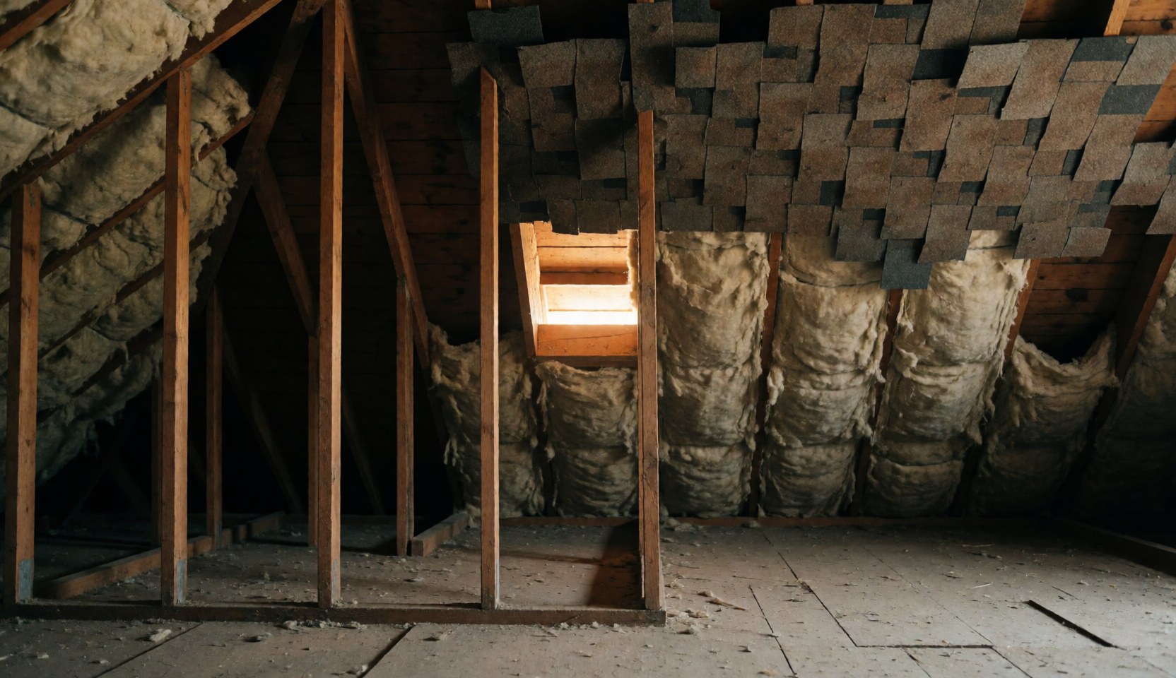 Vue d'un grenier montrant des poutres en bois apparentes, un isolant en fibre de verre et une toiture en tuiles. Une lumière chaude entre par une fenêtre, créant un fond idéal pour du texte.