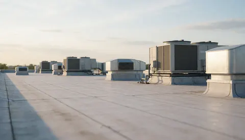 Vue d'un plafond plat industriel équipé de plusieurs unités de climatisation, de fenêtres et de détails métalliques, servant de fond neutre pour des textes commerciaux.