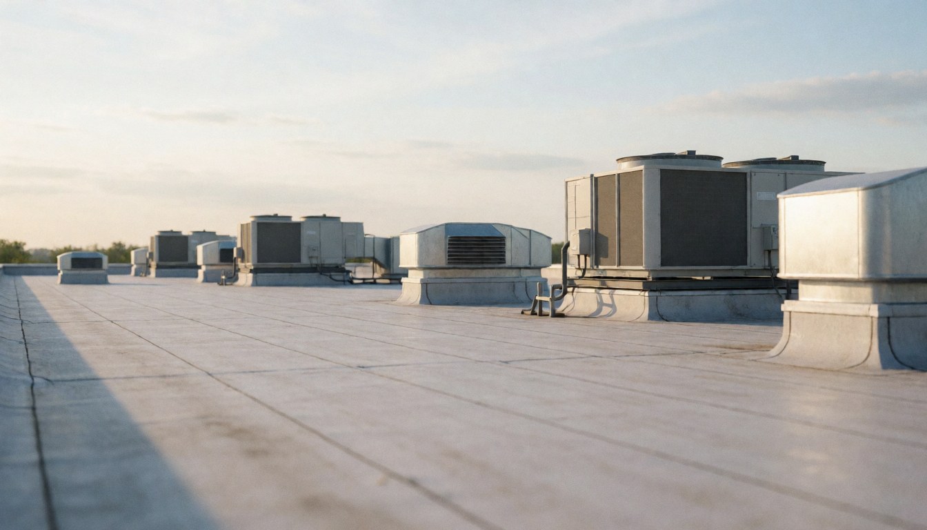 Vue d'un plafond plat industriel équipé de plusieurs unités de climatisation, de fenêtres et de détails métalliques, servant de fond neutre pour des textes commerciaux.