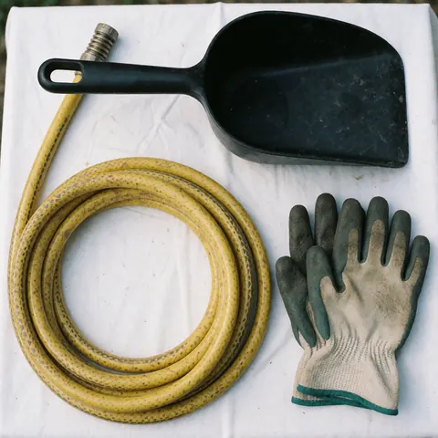 Outils pour nettoyer les toits : pelle noire, tuyau jaune et gants de travail sales sur un tissu blanc.
