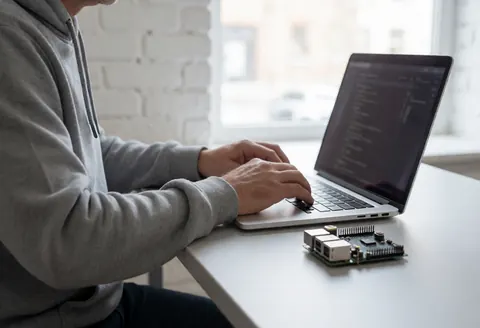 Un développeur en sweat gris code sur un ordinateur portable à côté d'un Raspberry Pi et d'une caméra, sur un bureau blanc dans un espace lumineux.