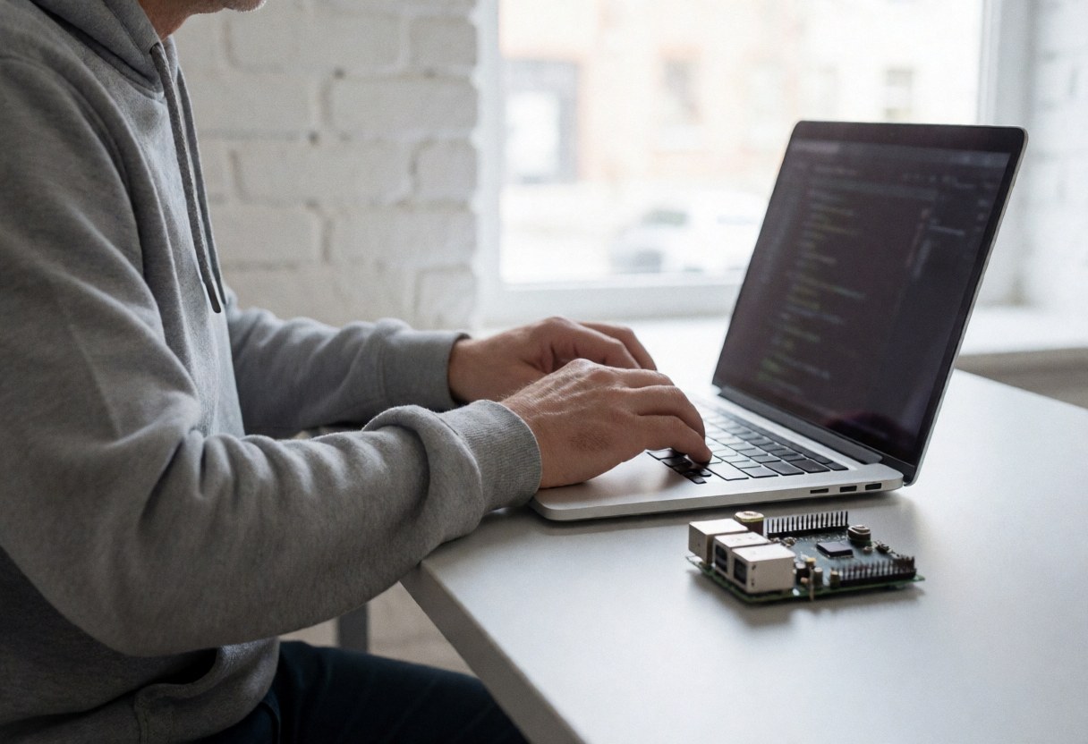 Un développeur en sweat gris code sur un ordinateur portable à côté d'un Raspberry Pi et d'une caméra, sur un bureau blanc dans un espace lumineux.