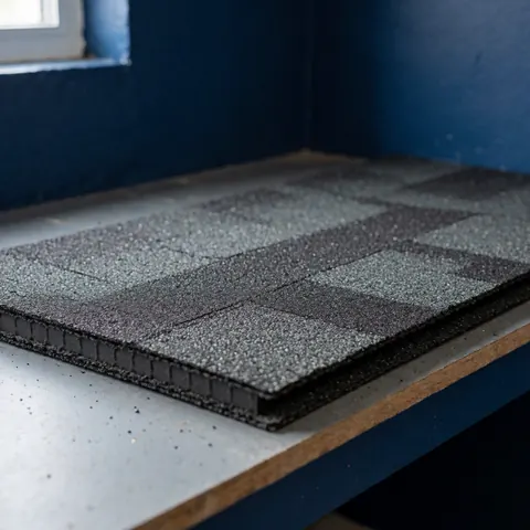 Tuile de toiture classe 4 avec granulats sombres montrant sa structure renforcée posée sur un établi dans un atelier aux murs bleus.