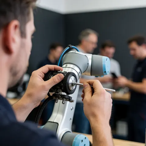 Un technicien ajuste un engrenage de bras robotique avec une clé hexagonale dans un atelier aux murs gris, focus sur les mains et le mécanisme.