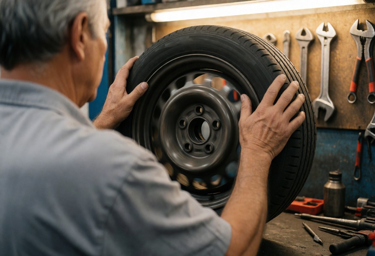 Un mécanicien examine attentivement une roue d'automobile dans un atelier professionnel avec des outils suspendus au mur.
