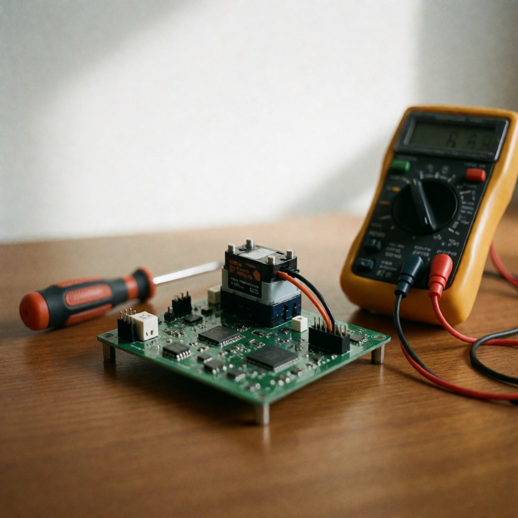Circuit électronique vert avec moteur servo, multimètre jaune et tournevis rouge et noir sur table en bois, éclairage doux et fond blanc flou