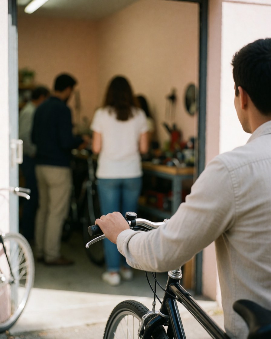 Vue arrière d'une cliente poussant un vélo vers la porte d'un atelier de réparation, avec un manillar net et un fond flou baigné de lumière naturelle chaleureuse.