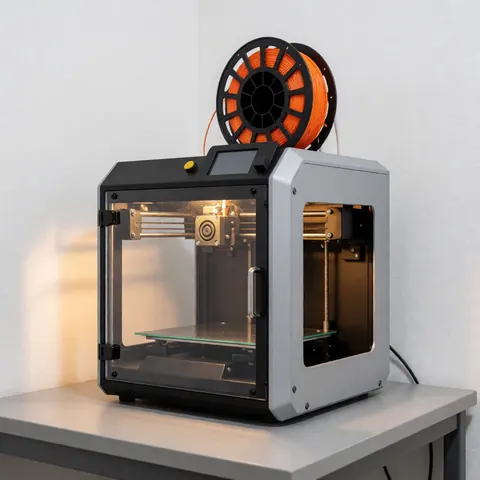 Imprimante 3D moderne avec bobine orange, écran numérique et porte en verre posée sur un bureau gris dans un bureau propre aux murs blancs.