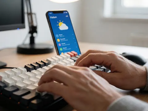 Des mains d'adulte saisissent les touches d'un clavier mécanique noir et blanc. Un smartphone affichant une application météo est visible en arrière-plan flou.