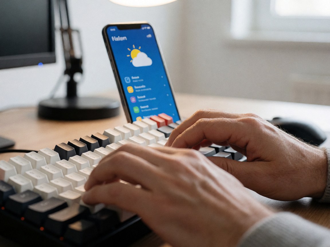 Des mains d'adulte saisissent les touches d'un clavier mécanique noir et blanc. Un smartphone affichant une application météo est visible en arrière-plan flou.