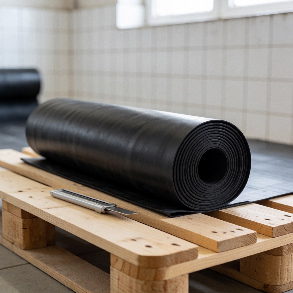 Rouleau de membrane de toiture noire posé sur une palette en bois dans un atelier, avec un couteau de coupe, des murs carrelés blancs et une lumière naturelle.