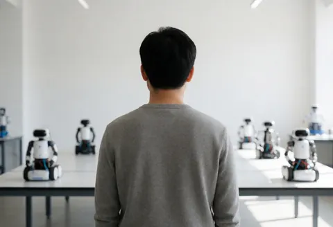 Une personne de dos observe des robots posés sur des tables dans un atelier de robotique aux murs blancs et à la lumière naturelle.