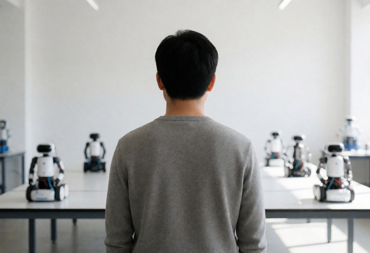 Une personne de dos observe des robots posés sur des tables dans un atelier de robotique aux murs blancs et à la lumière naturelle.