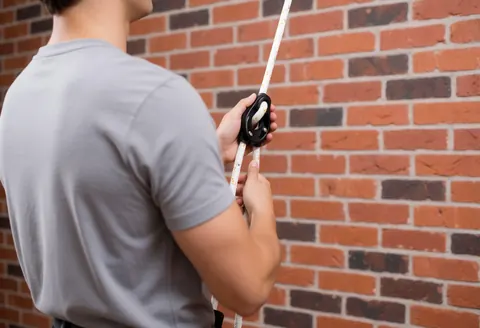 Vue rapprochée d'un système d'assurage composé d'une corde blanche et d'un dispositif noir fixé sur un mur de briques rouges, prêt pour une utilisation.