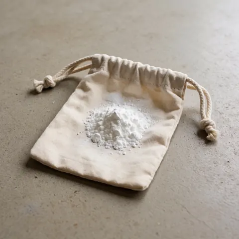 Sac en tissu beige contenant de la craie blanche dispersée posé sur un sol en béton texturé avec une lumière naturelle douce.