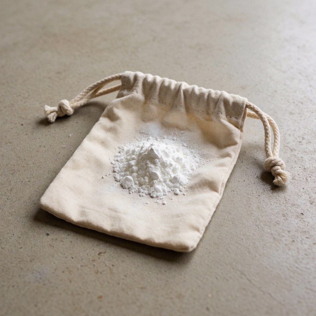 Sac en tissu beige contenant de la craie blanche dispersée posé sur un sol en béton texturé avec une lumière naturelle douce.