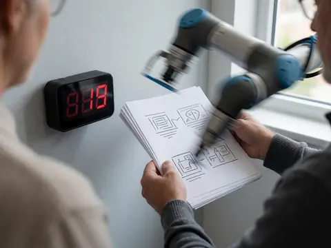 Des mains examinent des plans techniques à côté d'un bras robotique en mouvement près d'un chronomètre rouge dans un atelier de robotique.