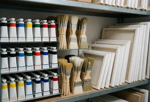 Étagère en métal contenant des tubes de peinture aux couleurs primaires, des pinceux liés et des toiles vierges prêtes à être peintes dans un environnement lumineux et ordonné.