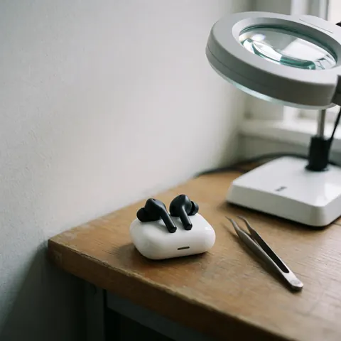 Des écouteurs sans fil noirs reposent dans leur étui blanc sur une table en bois, accompagnés de pinces et d'une loupe éclairée par la lumière naturelle.