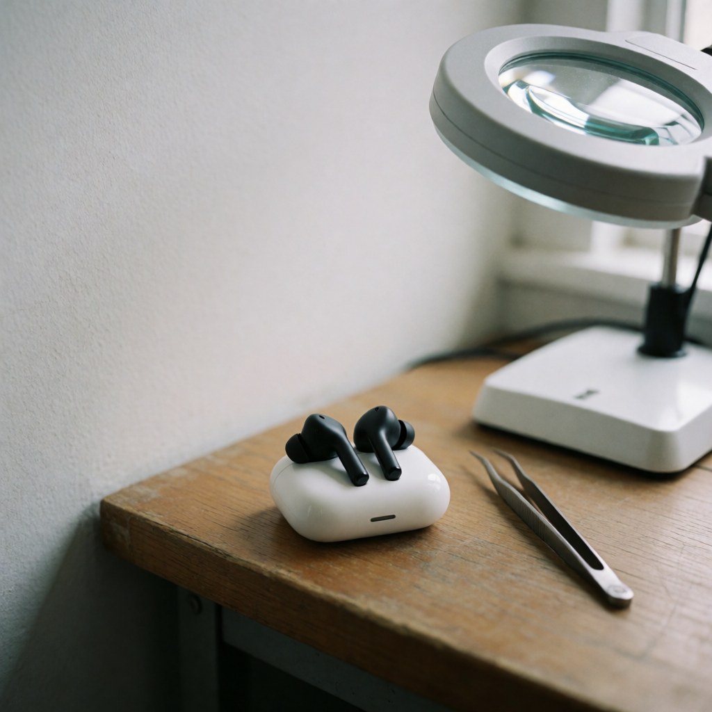 Des écouteurs sans fil noirs reposent dans leur étui blanc sur une table en bois, accompagnés de pinces et d'une loupe éclairée par la lumière naturelle.
