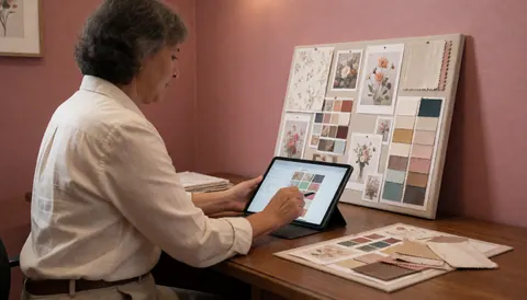 Une spécialiste des mariages travaille sur une tablette posée sur une table en bois, entourée d'un tableau d'inspiration en tissu et de fleurs, devant un mur rose dans un cadre chaleureux.