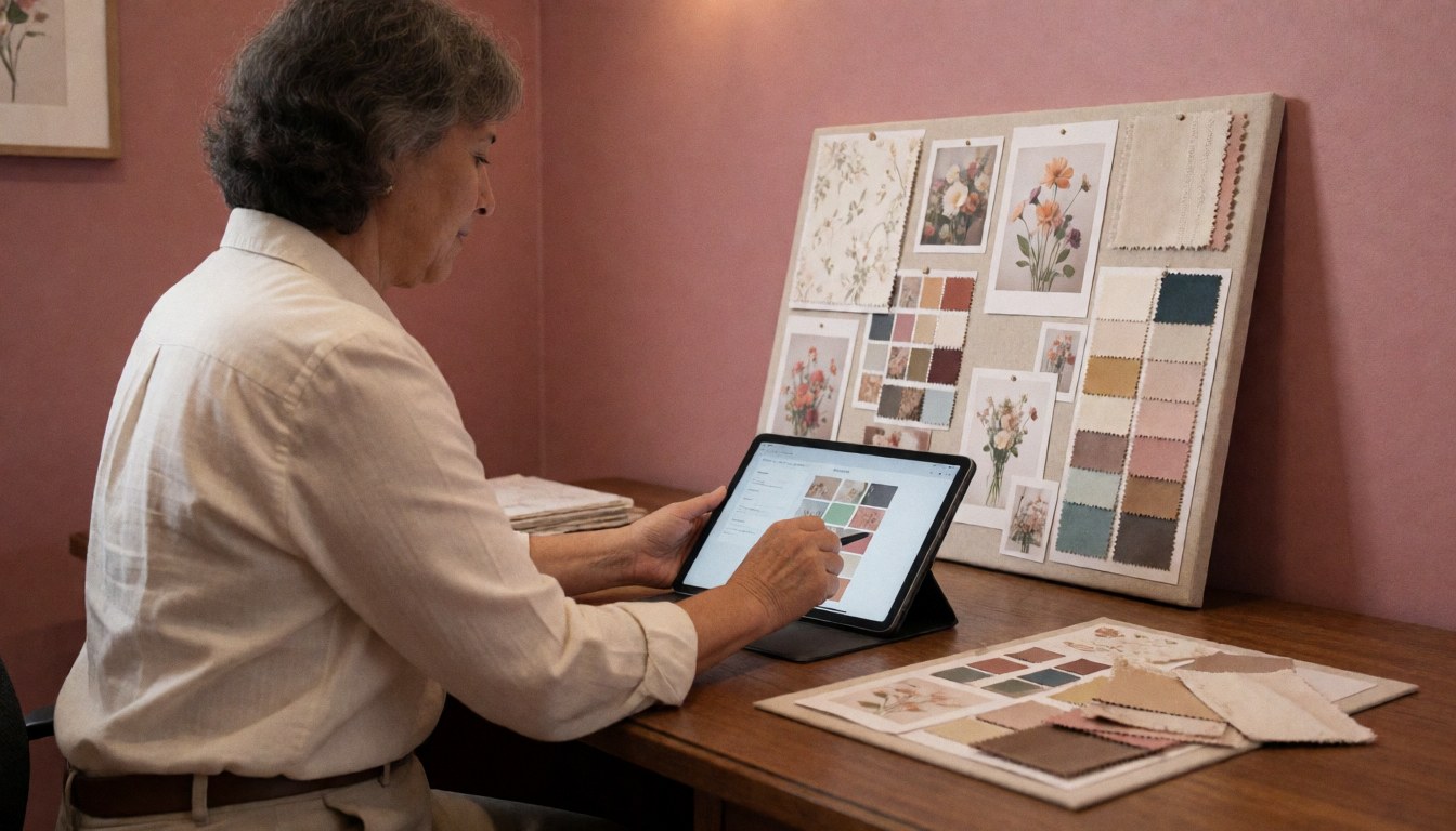 Une spécialiste des mariages travaille sur une tablette posée sur une table en bois, entourée d'un tableau d'inspiration en tissu et de fleurs, devant un mur rose dans un cadre chaleureux.