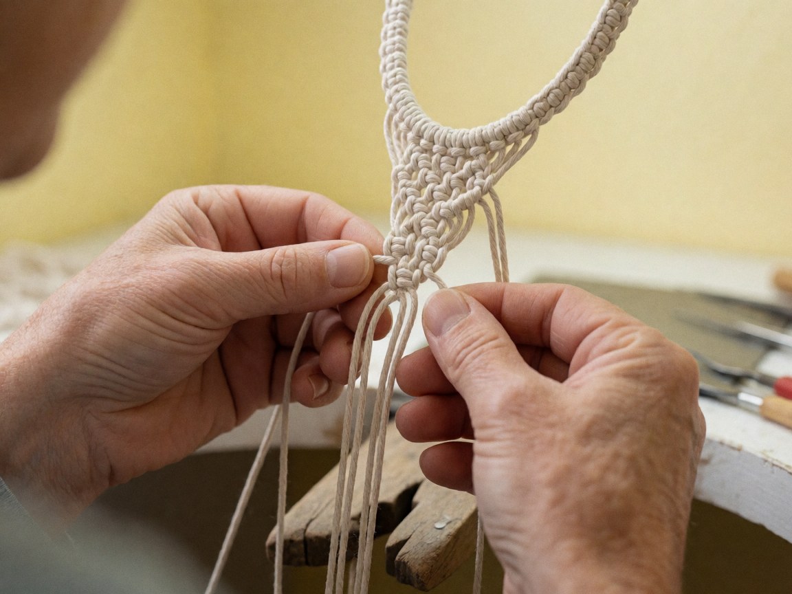Gros plan sur des mains d'adulte travaillant le macramé avec un cordon blanc sur fond jaune pâle, montrant les détails du tissage en cours.