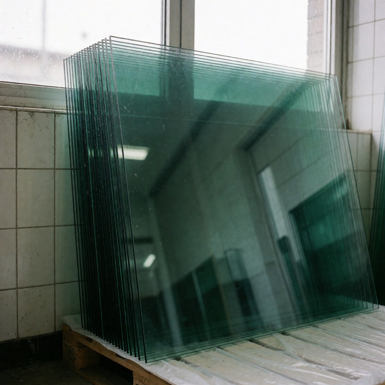 Empilement de panneaux de verre solaire à teinte verte posés sur une palette en bois, dans un entrepôt aux murs carrelés blancs éclairés par la lumière naturelle d'une fenêtre.
