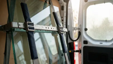Pinces métalliques avec sangles de protection maintenant un panneau de verre transparent dans une camionnette blanche, éclairée par la lumière naturelle entrant par la porte arrière ouverte.