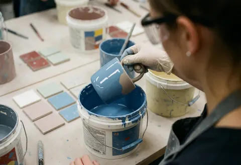 Une personne portant des gants et des lunettes applique un glaçage bleu sur une tasse, posée sur une table avec des échantillons de céramique et des contenants de glaçage.