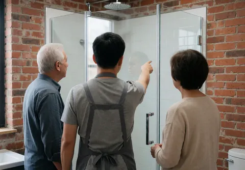 Un technicien montre la finition d'une douche en verre à un client dans une salle de bain avec des murs en briques.