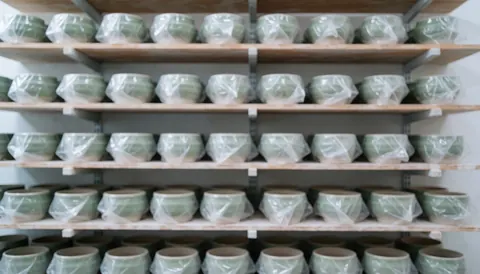 Des pots en céramique verte enveloppés de plastique transparent reposent sur des étagères en bois, sur un fond doux et flou avec une lumière froide uniforme et des tons terracotta.