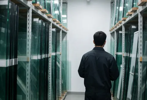 Vue arrière d'un installateur de vitres inspectant des rayonnages métalliques chargés de feuilles de verre dans un entrepôt organisé et bien éclairé.
