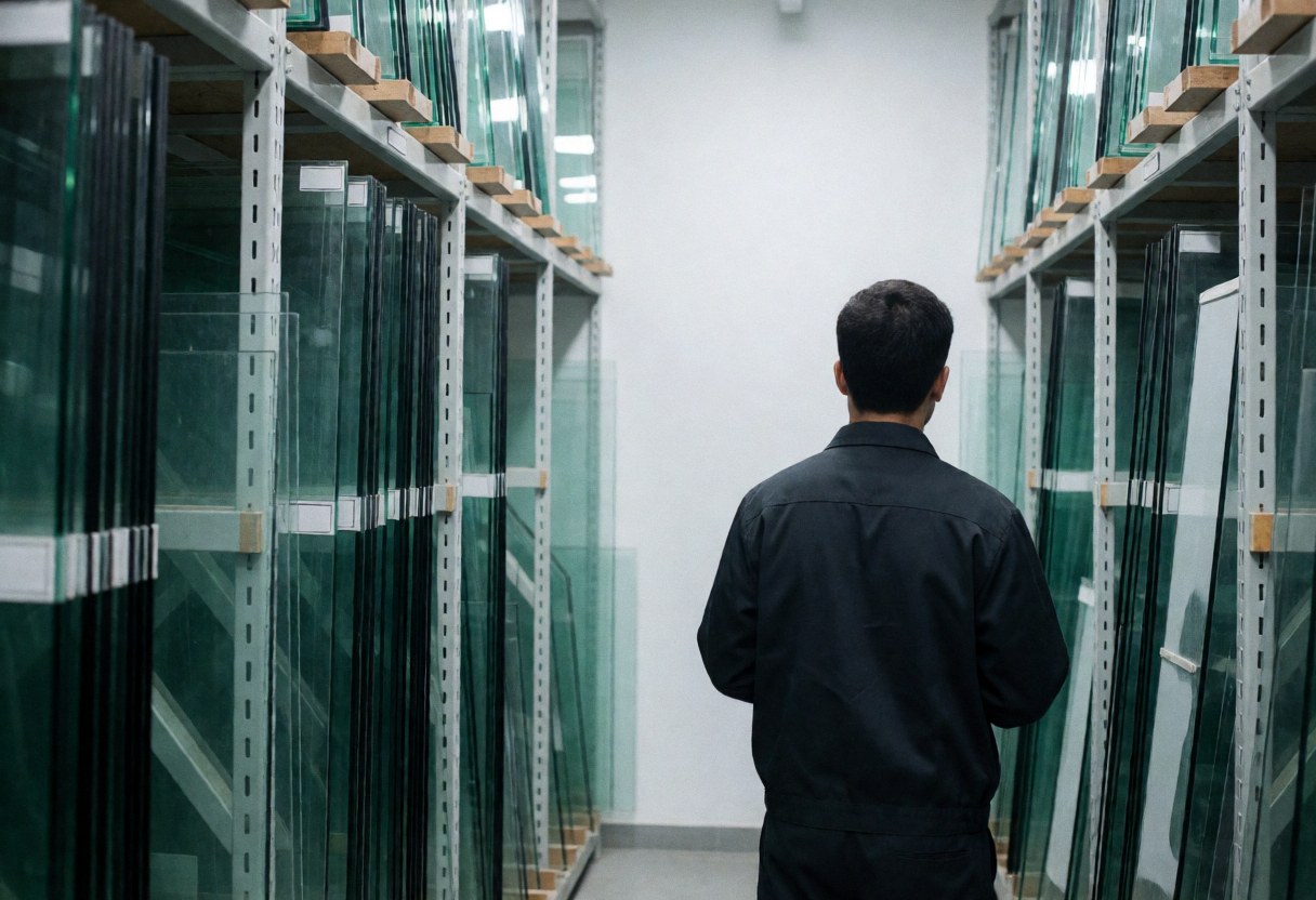 Vue arrière d'un installateur de vitres inspectant des rayonnages métalliques chargés de feuilles de verre dans un entrepôt organisé et bien éclairé.