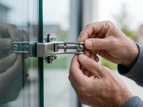 Des mains d'adulte ajustent un support métallique sur une fenêtre en verre, avec une lumière naturelle et un fond flou.