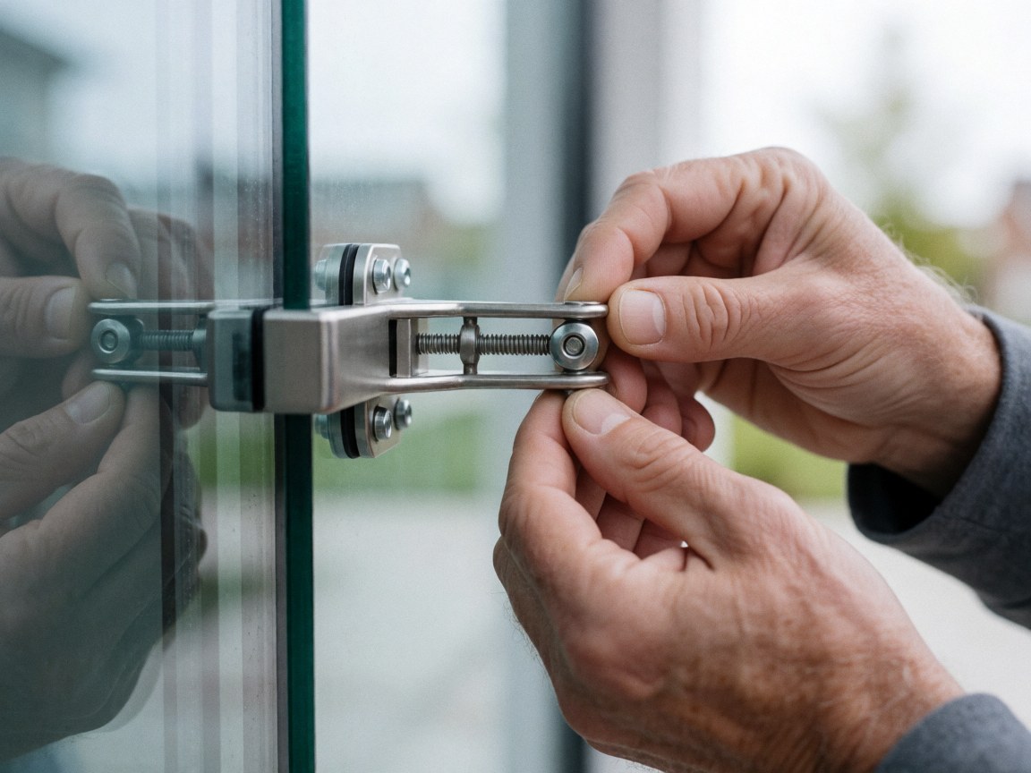 Des mains d'adulte ajustent un support métallique sur une fenêtre en verre, avec une lumière naturelle et un fond flou.