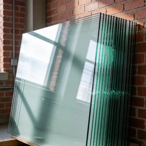 Empilements de verre feuilleté posés contre un mur de briques avec échanges visibles, éclairage industriel et reflets de fenêtre.
