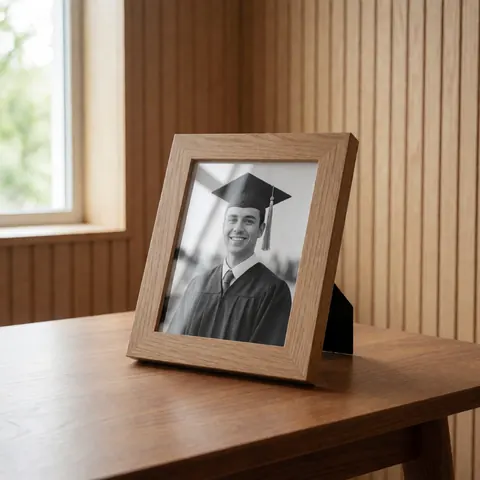 Un cadre en bois contenant une photo en noir et blanc d'un diplômé souriant, posé sur une table en bois devant un mur à lamelles.