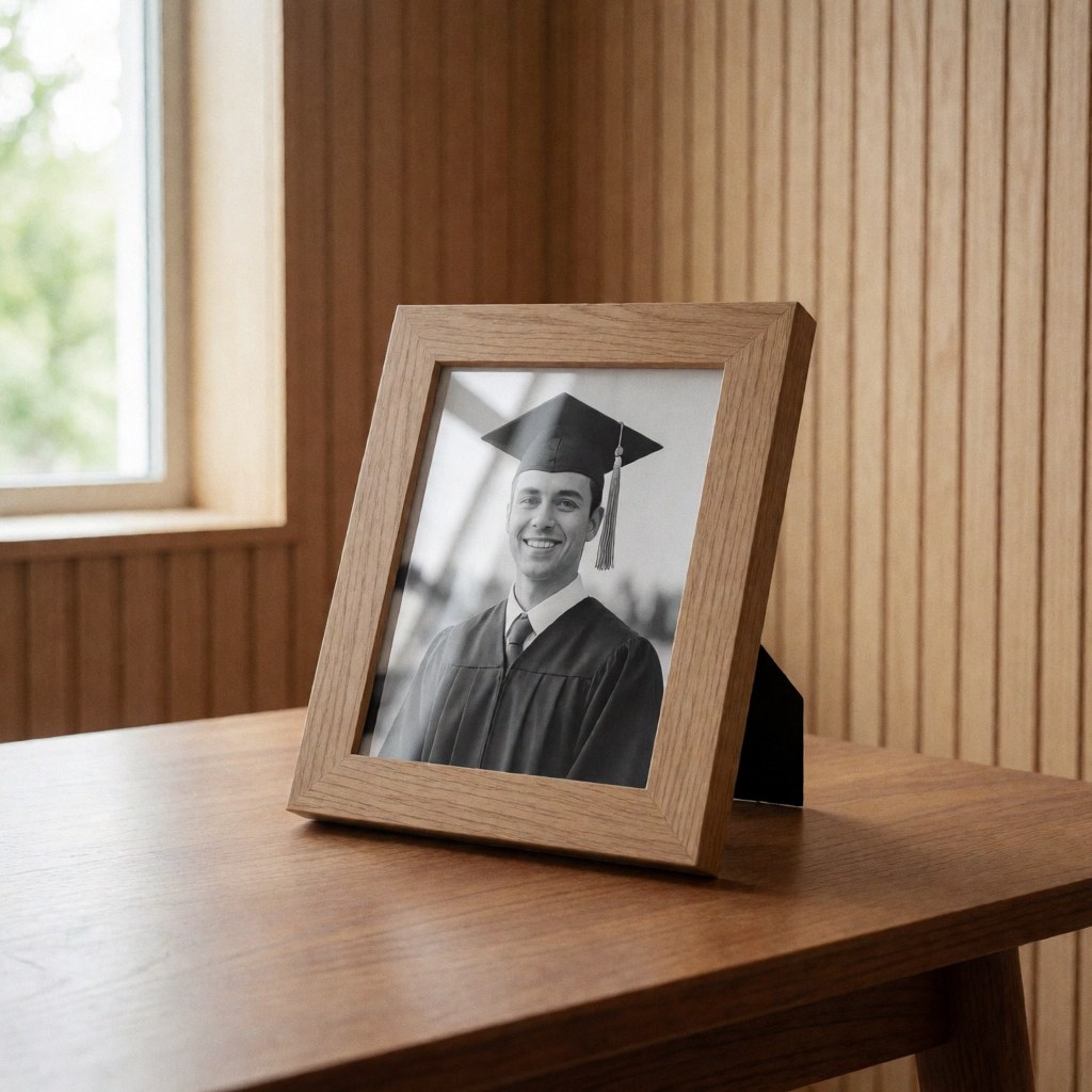 Un cadre en bois contenant une photo en noir et blanc d'un diplômé souriant, posé sur une table en bois devant un mur à lamelles.