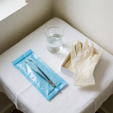 Kit stérile pour peeling chimique avec pinces, gants et récipient de désinfectant sur table blanche, lumière naturelle, environnement propre et ordonné.