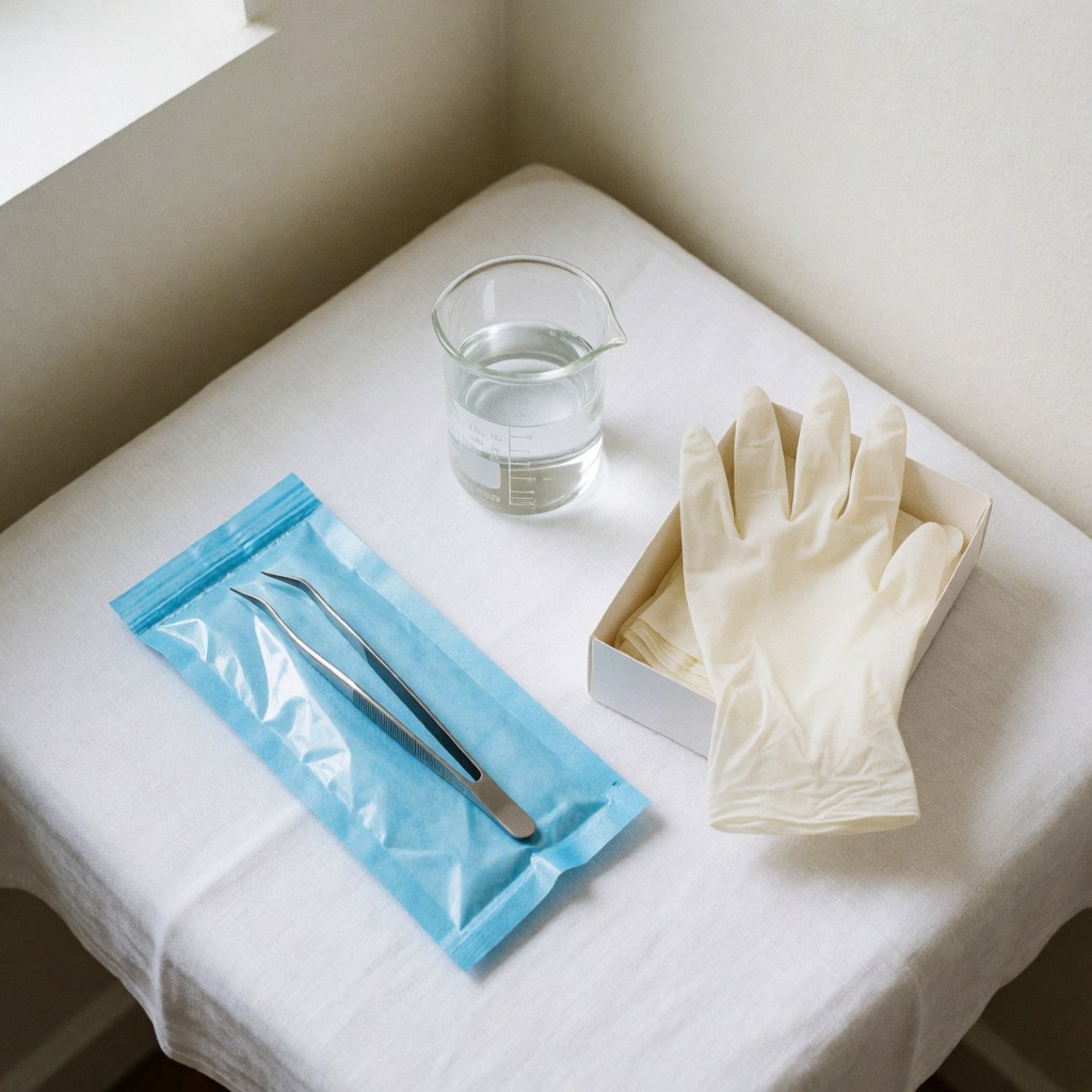 Kit stérile pour peeling chimique avec pinces, gants et récipient de désinfectant sur table blanche, lumière naturelle, environnement propre et ordonné.