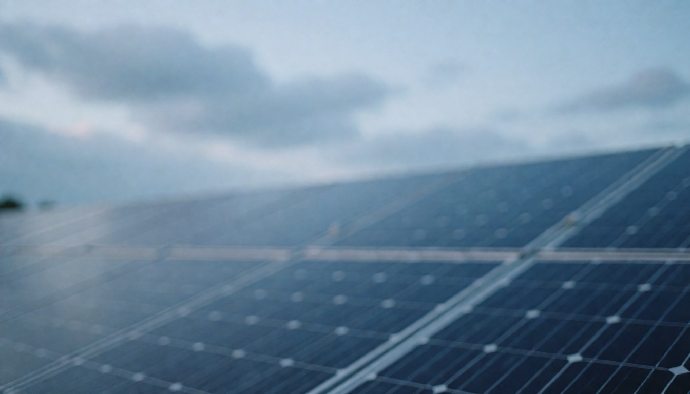 Fond de panneaux solaires photovoltaïques sous un ciel nuageux aux tons bleus doux, idéal pour textes ou bannières de services de réparation solaire.