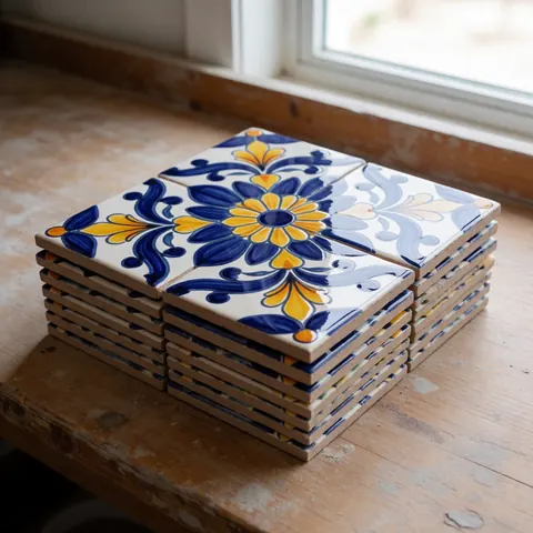 Pile de carreaux en céramique peints à la main avec des motifs floraux en bleu et jaune posés sur une table en bois rustique près d'une fenêtre.