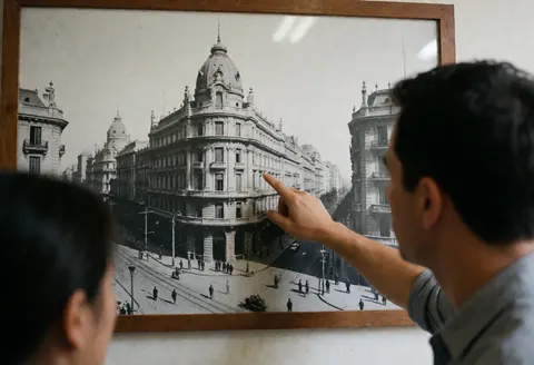 Un professeur de tango montre une ancienne photographie en noir et blanc de Buenos Aires encadrée, illustrant l'architecture et les tramways, lors d'un cours.