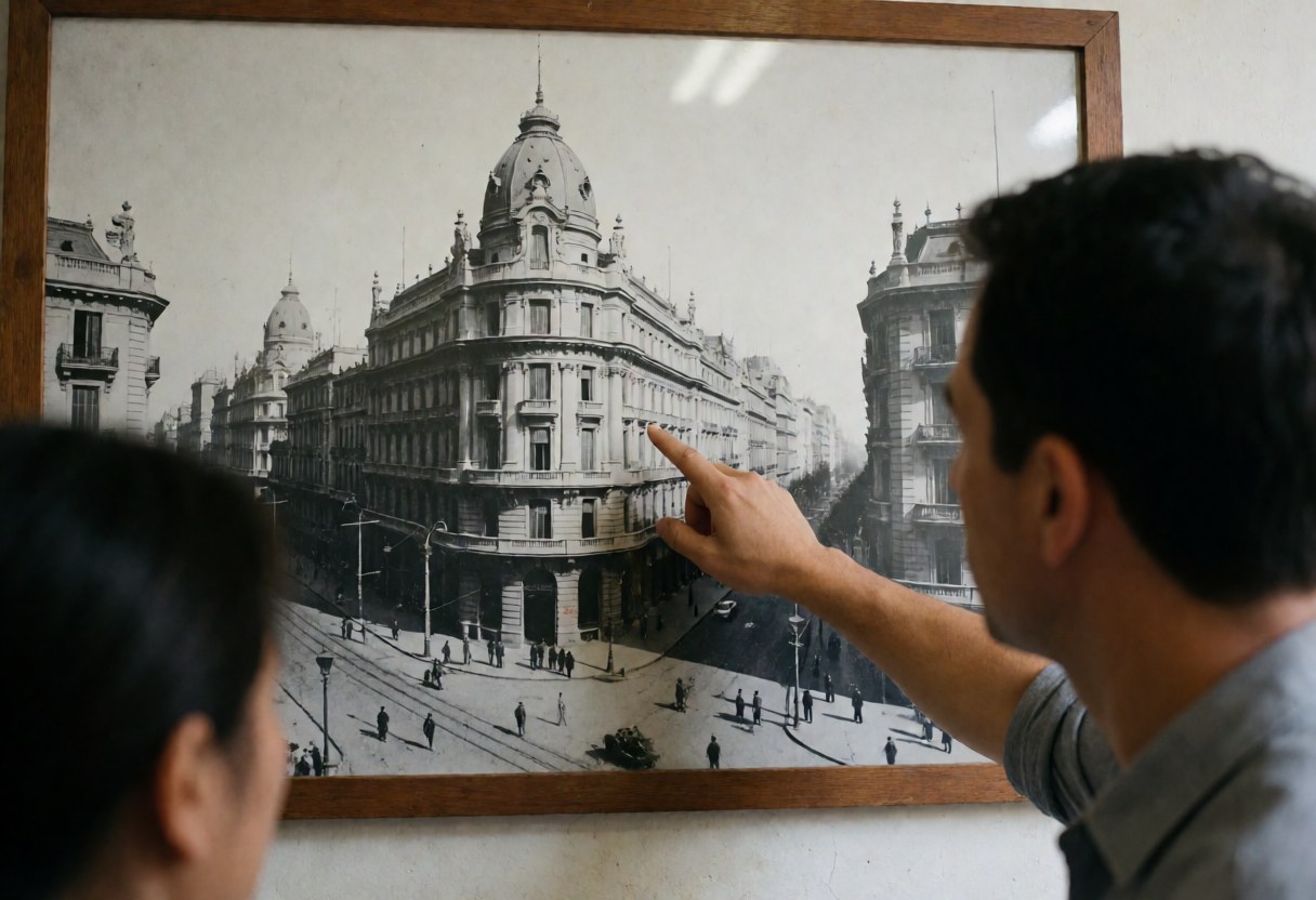 Un professeur de tango montre une ancienne photographie en noir et blanc de Buenos Aires encadrée, illustrant l'architecture et les tramways, lors d'un cours.