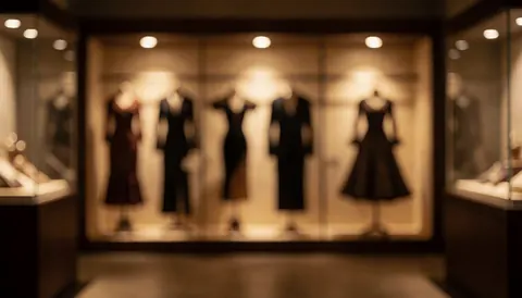 Vitrines illuminées contenant des robes de tango rétro créant une ambiance nostalgique avec un arrière-plan flou chaud idéal pour du texte.