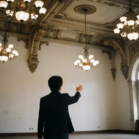 Un guide en costume sombre montre des éléments architecturaux dans une salle de bal vide aux plafonds ornés et lustres éclairés, idéale pour le tourisme culturel.