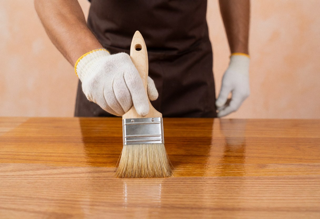 Un professionnel applique du vernis sur une table en bois à l'aide d'un pinceau à poils, portant des gants de protection, sur un fond terracotta.