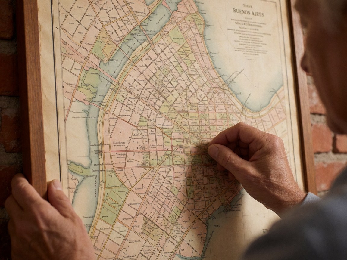Des mains tenant une carte historique de Buenos Aires sur un mur en briques rouges, révélant des détails géographiques et une texture papier usée.