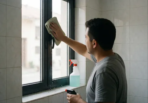 Un technicien en vitrerie nettoie le cadre d'une fenêtre en aluminium sombre à l'aide d'un chiffon et d'un spray, posé sur le rebord dans une pièce aux murs carrelés.